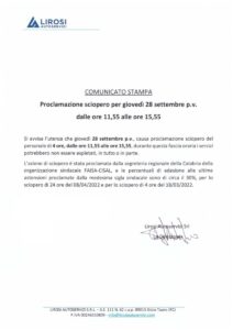 Lirosi Autoservizi Avviso Sciopero 28 Settembre 2023  
